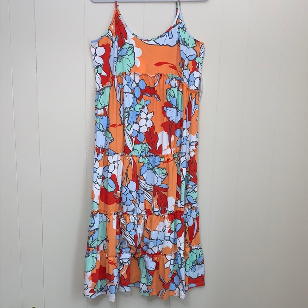 Emma&Michele Sundress SIZE LARGE Tiered Soft Floral Print Orange,Blue, Red,White